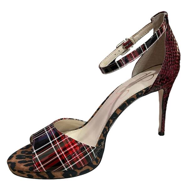 Jessica Simpson daisile faux leather heels plaid leopard snakeskin size 9M /40 - Picture 6 of 8